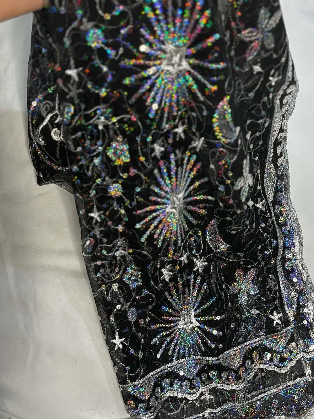Celestial Star and Moon Pattern Sheer Black Sequin Embroidered Festival Shawl